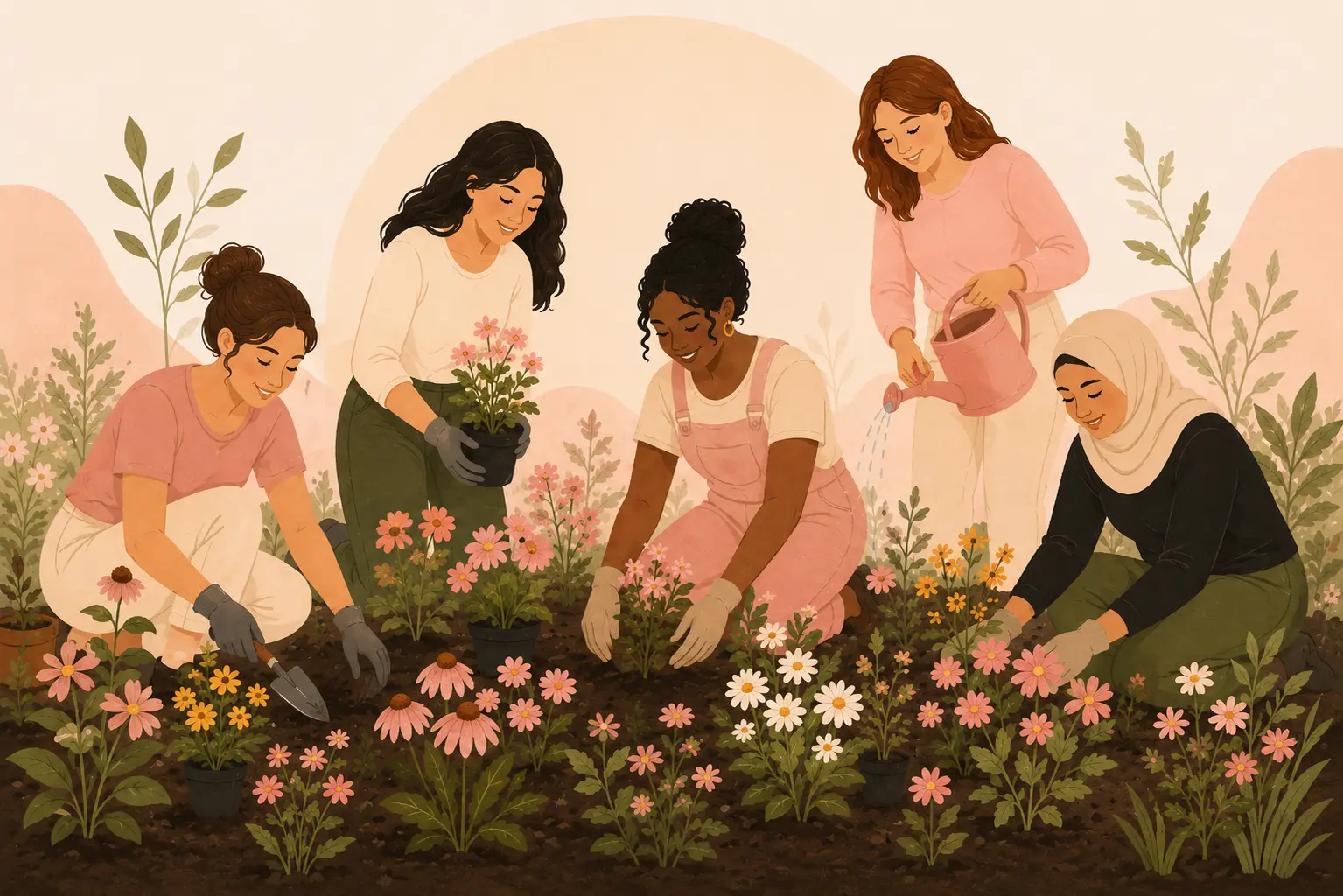 Ilustración: cinco mujeres de distintos orígenes, arrodilladas juntas en un jardín, plantando y regando flores una al lado de la otra.