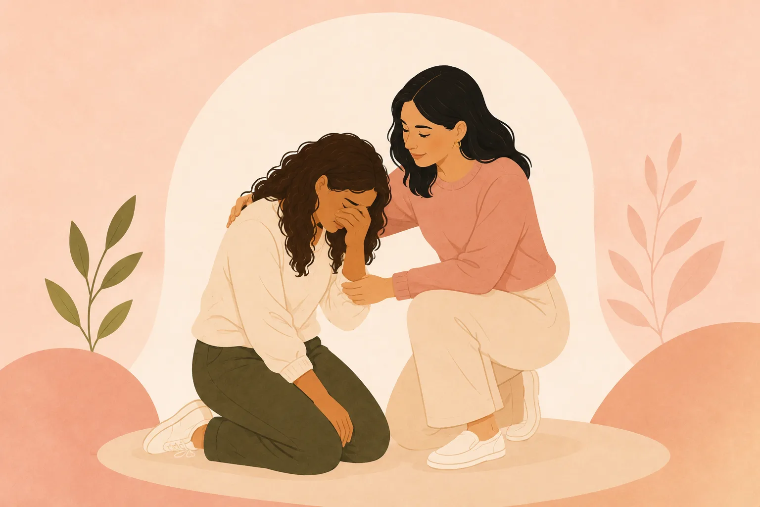 Ilustración: una mujer arrodillada cubre su rostro con la mano mientras otra se arrodilla a su lado, con la mano en su hombro, acompañándola.