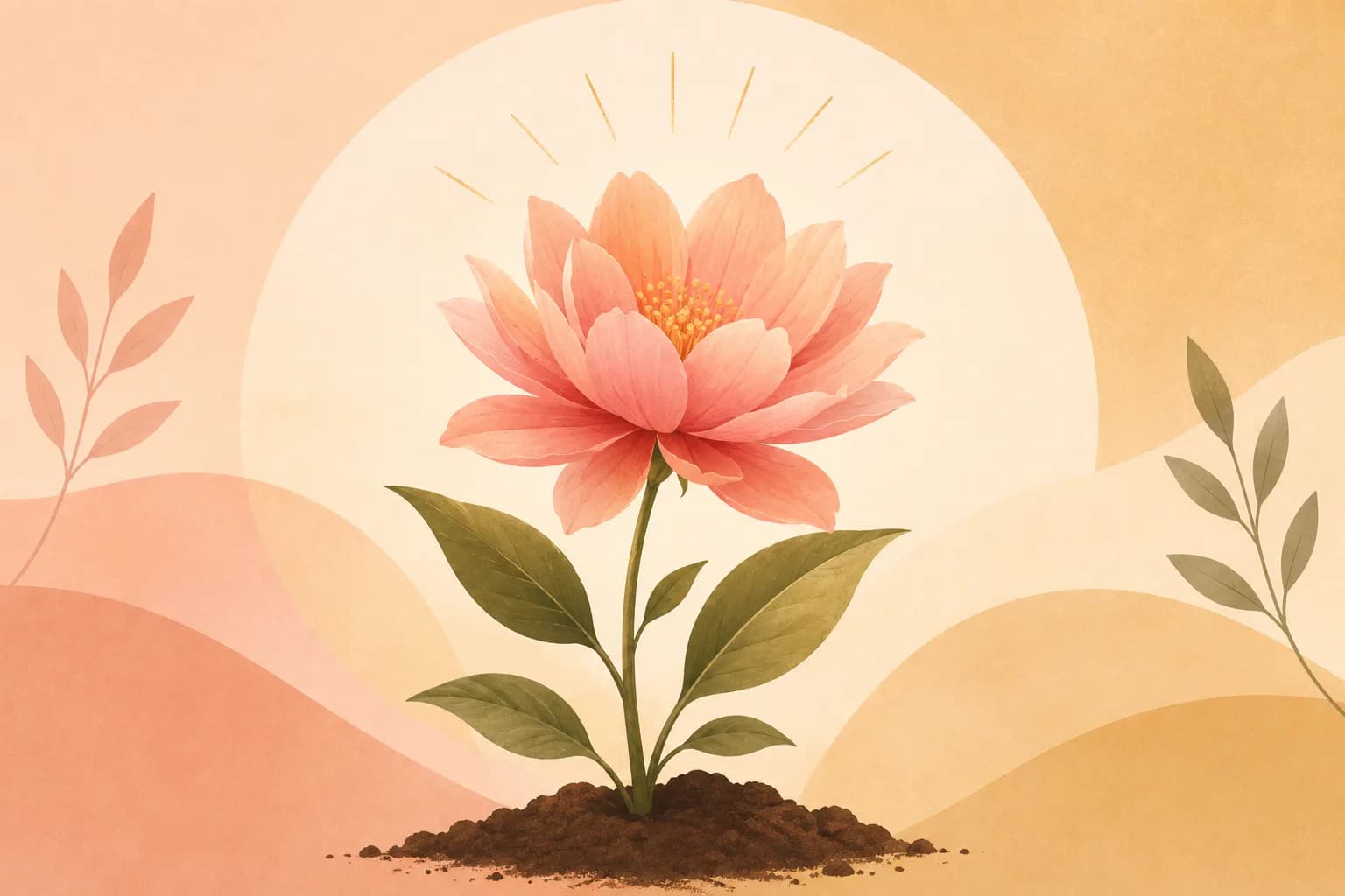 Ilustración: una flor rosa en plena floración, enraizada en tierra oscura e iluminada por detrás por un sol naciente.